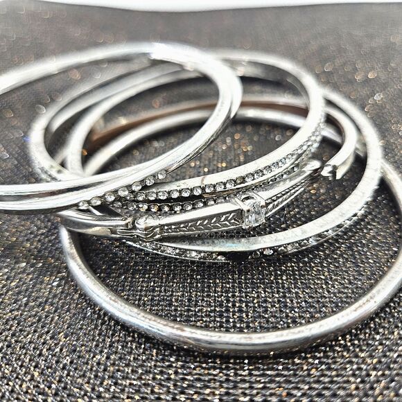 Vtg LOT of 6 Y2K Metal Bangle Rhinestone Silver Tone Metal Bracelets Glam - Picture 1 of 13